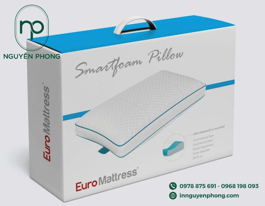 Mẫu hộp giấy đựng gối có quai cầm tiện lợi